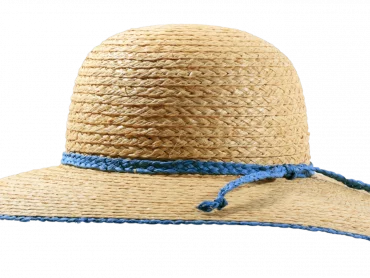 Strohhut Cloche Natur mit breitem Rand mit blauer Garnitur