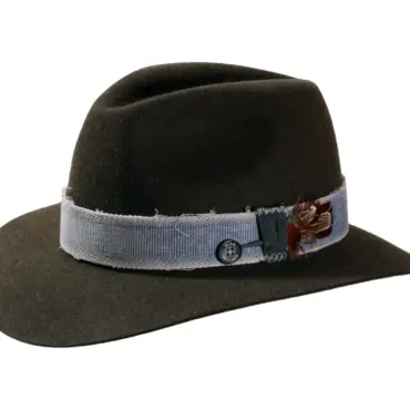 Fedora Traveler Haarfilz olivgrün mit Jeans-Hutband und Feder