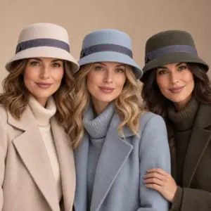Drei Damen mit Cloche Teo Cotone in Elfenbein Himmelblau und Moos