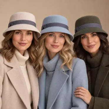 Drei Damen mit Cloche Teo Cotone in Elfenbein Himmelblau und Moos