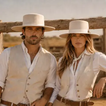 Cowboy und Cowgirl mit Boss of the Plains Rugged Westernhut an einer Corralstange auf einer Westernranch