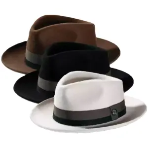 Fedora aus braunem Kaschmir mit breiter Krempe|Fedora aus braunem Kaschmir mit breiter Krempe|Fedora aus weissem Kaschmir mit breiter Krempe|Fedora Kaschmir mit Lodenhutband und Rebsband