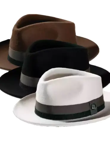 Fedora aus braunem Kaschmir mit breiter Krempe|Fedora aus braunem Kaschmir mit breiter Krempe|Fedora aus weissem Kaschmir mit breiter Krempe|Fedora Kaschmir mit Lodenhutband und Rebsband