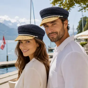 Frau und Mann mit Stroh-Schildmütze marine-feelings im Yachtclub am Schweizer Seeufer