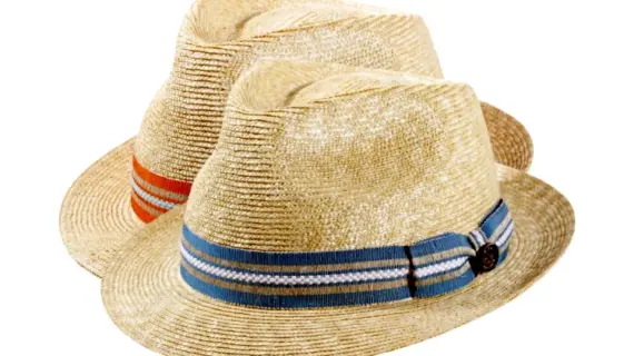 Trilby Strohhut woven lines Natur mit blauen oder orangefarbenem Leinenhutband von Risa