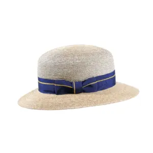 Raffia Damenhut mit breiter Krempe  Handarbeit Schwei||Damen Strohhut Cloche aus Weizenstroh mit blau-goldenem Rebsband