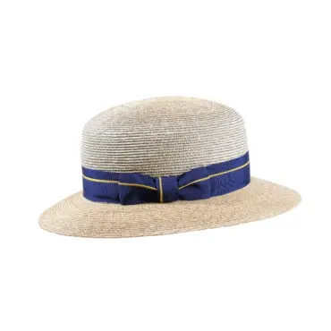Raffia Damenhut mit breiter Krempe  Handarbeit Schwei||Damen Strohhut Cloche aus Weizenstroh mit blau-goldenem Rebsband
