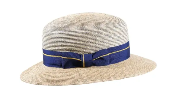 Raffia Damenhut mit breiter Krempe  Handarbeit Schwei||Damen Strohhut Cloche aus Weizenstroh mit blau-goldenem Rebsband