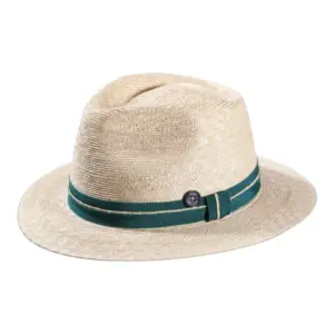 Naturstrohhut Fedora mit petrolfarbenem Band und Risa Knopf|Naturstrohhut Fedora mit petrolfarbenem Band und Risa Knopf