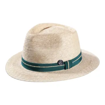 Naturstrohhut Fedora mit petrolfarbenem Band und Risa Knopf|Naturstrohhut Fedora mit petrolfarbenem Band und Risa Knopf