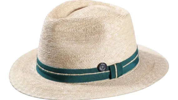 Naturstrohhut Fedora mit petrolfarbenem Band und Risa Knopf|Naturstrohhut Fedora mit petrolfarbenem Band und Risa Knopf
