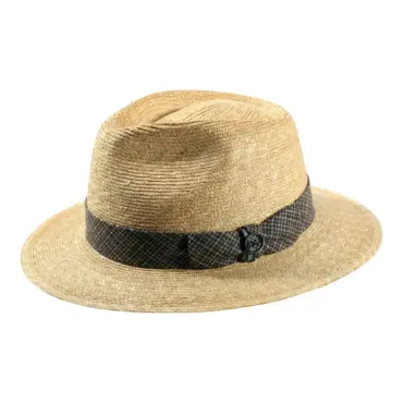 Fedora Sommerhut aus Weizenstroh mit karierter Seidengarnitur und Risa-Knopf|