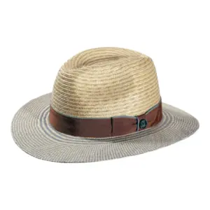 Fedora Sommerhut aus Panama- und Weizenstroh mit braunem Hutband und hellblauer Krempenkante|Fedora Sommerhut aus Panama- und Weizenstroh mit braunem Hutband und hellblauer Krempenkante