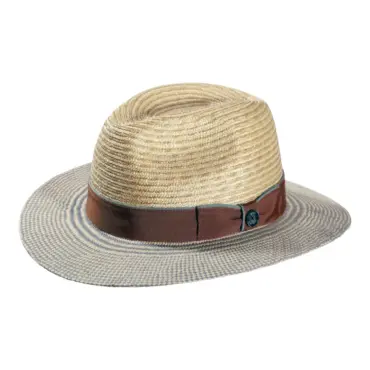 Fedora Sommerhut aus Panama- und Weizenstroh mit braunem Hutband und hellblauer Krempenkante|Fedora Sommerhut aus Panama- und Weizenstroh mit braunem Hutband und hellblauer Krempenkante