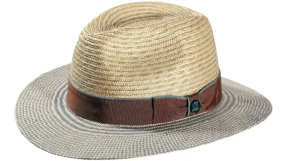 Fedora Sommerhut aus Panama- und Weizenstroh mit braunem Hutband und hellblauer Krempenkante|Fedora Sommerhut aus Panama- und Weizenstroh mit braunem Hutband und hellblauer Krempenkante