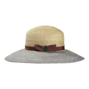 Damencloche aus Panama und Weizenstroh mit nougatfarbenem Rebsband und hellblauem Poispoil