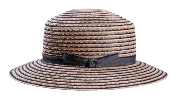 Damenhut Cloche gestreift in Marine/Natur mit Rebsband|