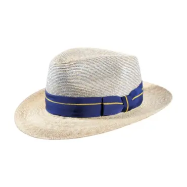 Strohhut Bogart aus Weizenstroh mit blauem Rebsband und gelber Zierlinie||trohhut Bogart aus Weizenstroh mit blauem Rebsband und gelbem Streifen|