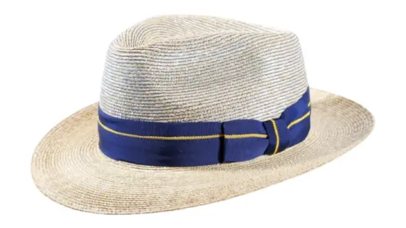 Strohhut Bogart aus Weizenstroh mit blauem Rebsband und gelber Zierlinie||trohhut Bogart aus Weizenstroh mit blauem Rebsband und gelbem Streifen|