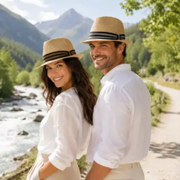 Frau und Mann mit Stroh Trilby Freiamt Boswiler am Waldrand und Fluss