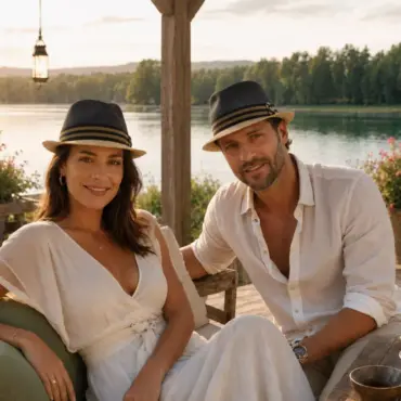 Frau und Mann mit Trilby Freiamt Fi-Göler auf Sommerterrasse am See