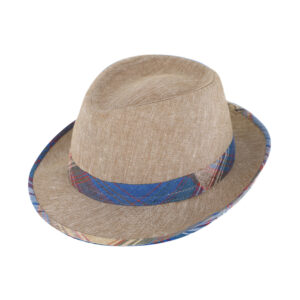 Stoffhut Trilby Leinen mit mehrfarbigem Ripsband und Einfass – hochwertige Kopfbedeckung von Fiebig bei Hut Factory Schweiz