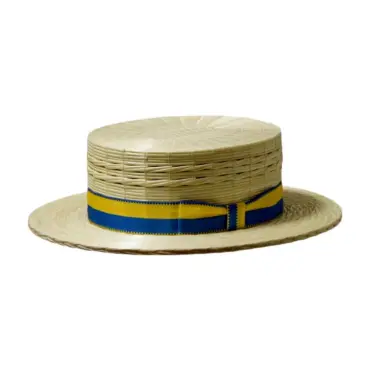 Handgefertigter Röhrlihut Canotier Freiamt Häggliger aus Naturstroh mit farbigem Hutband|||