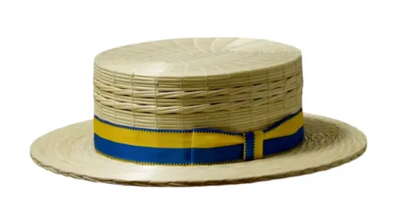 Handgefertigter Röhrlihut Canotier Freiamt Häggliger aus Naturstroh mit farbigem Hutband|||