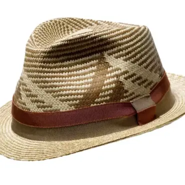 Trilby Strohhut mit gezacktem Panama-Muster und Rebsband in Cognac||||||