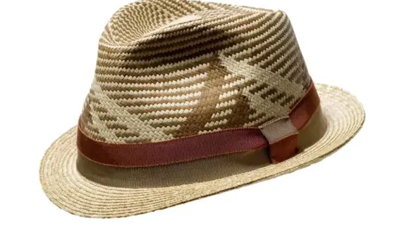 Trilby Strohhut mit gezacktem Panama-Muster und Rebsband in Cognac||||||