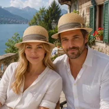 Frau und Mann mit Trilby Freiamt Uezwiler/in auf einer Sommerterrasse am Schweizer Seeufer