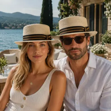 Frau und Mann mit Trilby Freiamt Tägliger/in auf einer Sommerterrasse am Landhaussee