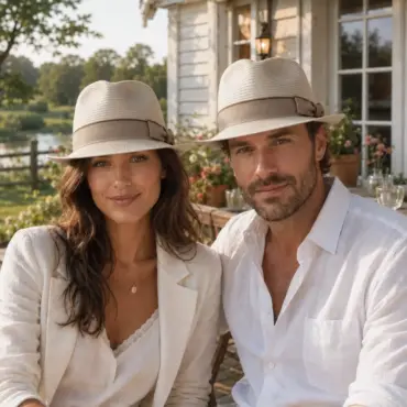 Frau und Mann mit Ramie Trilby Freiamt Oberlunkhofer/in auf einer sonnigen Schweizer Landhaus-Terrasse