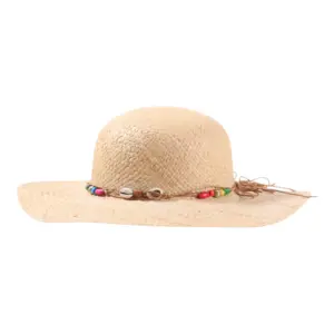 Naturton|Mädchen-Sommerhut aus Raffia mit Muscheln und bunten Perlen