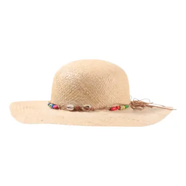 Naturton|Mädchen-Sommerhut aus Raffia mit Muscheln und bunten Perlen