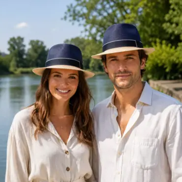 Frau und Mann mit Trilby Freiamt Bünzer/in am Flussufer im Kanton Aargau