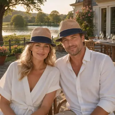Frau und Mann mit Trilby Freiamt Kallerer auf Sommerterrasse am Schweizer See
