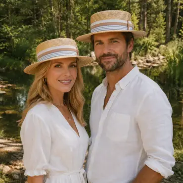 Frau und Mann mit Canotier Freiamt Ballybieter/in am Schweizer Waldweiher