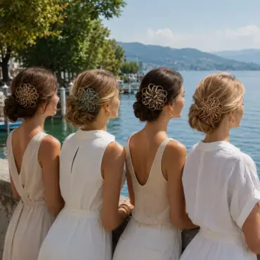 Vier Damen mit Haarspange Freiamt Fischbacher Moos in Nougat, Petrol, Schwarz und Rot am Schweizer Seeufer