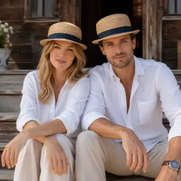 Frau und Mann mit Trilby Freiamt Maiengrüner/in aus Naturstroh sitzen auf den Stufen eines Bauernhauses