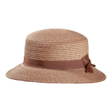 Damen Cloche-Hut aus Weizenstroh mit marineblauem bzw. nougatfarbenem Rebsband