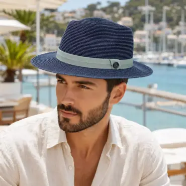 Fedora Hanf Marine mit mintfarbenem Grosgrainband und Risa-Knopf