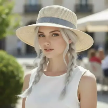 Dame mit Risa Cloche Hemp variation in Natur mit Leinenhutband Ciel an der Französischen Riviera