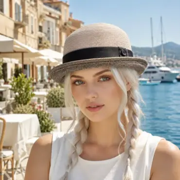 Dame mit rollbarem Risa Aufschlaghut aus Hanf und Seide an der Französischen Riviera