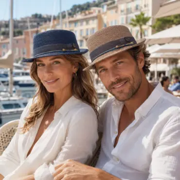 Frau und Mann mit Risa Fedora niederer Kopf Hanf authentic in Marine und Nougat an der Französischen Riviera