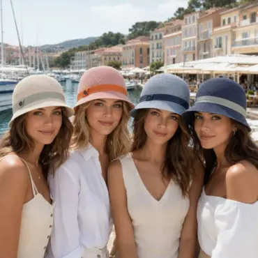 Vier Damen mit Risa Cloche Hanf 2-Faden Hüten in Vanille, Apricot, Silber und Marine an der Französischen Riviera