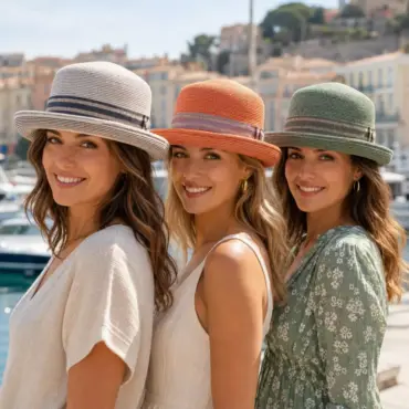 Drei Frauen tragen den Damen Aufschlaghut Hanf Leinengarniert von Risa auf der Französischen Riviera