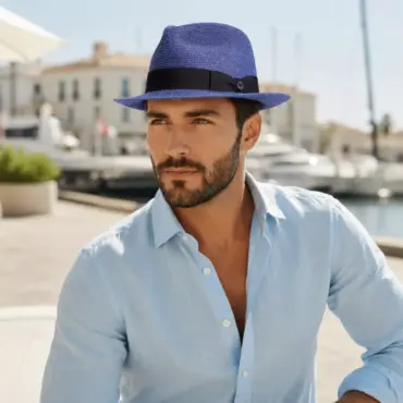 Fedora Hanf meliert jeans an Herrenmodel auf der Französischen Riviera