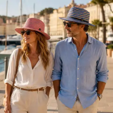 Fedora Fancy Hemp aus Hanf und Raffia in den Farbvarianten Pink und Blau mit ikonischem Risa-Knopf