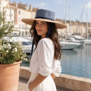 Frau trägt den Fedora De Lourdes von Risa an der Französischen Riviera